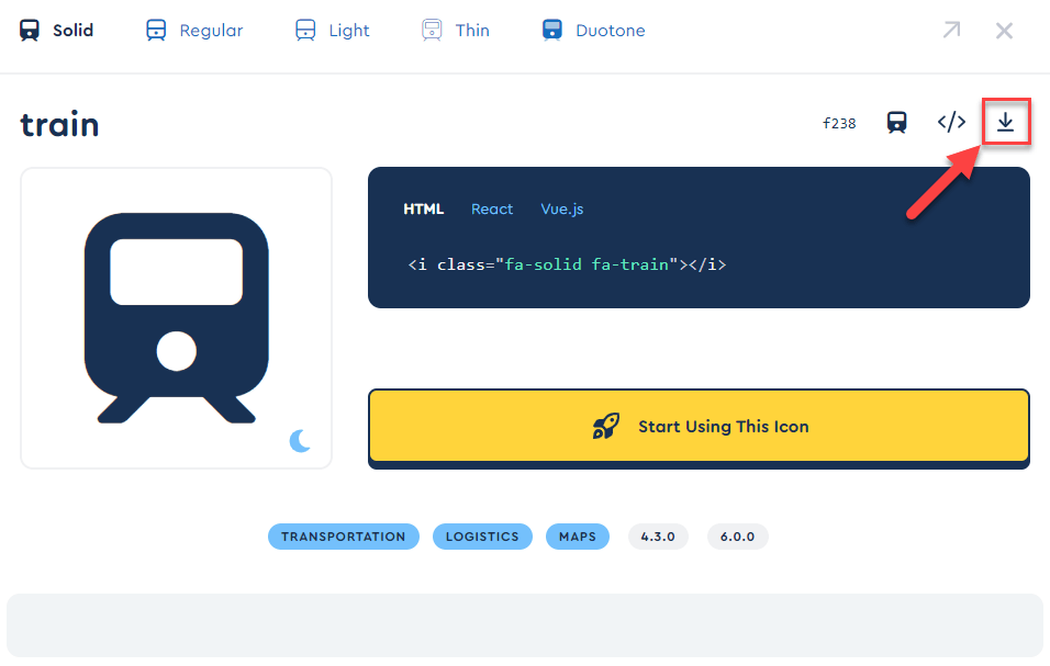 Font Awesome icon locator interface