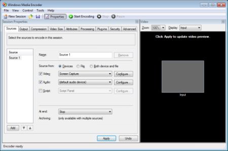 Windows Media Encoder 9 — sučelje za snimanje ekrana